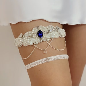 Light ivory wedding garter set with colorful crystal and danglings, Fancy jeweled bridal garter for wedding, Elegant Victorian leg garter