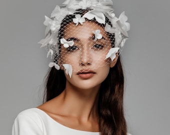 Fantasy bridal net veil with butterfly applique, White wedding headpiece, Flower veil for bride, Whimsical bridal headband, Boho hairpiece