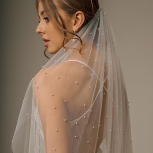 Elegant tulle wedding veil with pearls, Cathedral wedding veil, Long pearl veil with comb, Chapel fingertip bridal veil, Bridal headpiece image 1