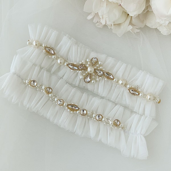 White tulle wedding garter set with gold crystals, Fancy jeweled bridal garter, Embroidered thigh garter for bride, Leg garters set of 2