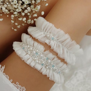 Light ivory wedding garter with blue glass beads, Wide stretchy pearl garter for bride, Ruffled tulle garter, Something blue bridal garter