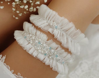 Light ivory wedding garter with blue glass beads, Wide stretchy pearl garter for bride, Ruffled tulle garter, Something blue bridal garter