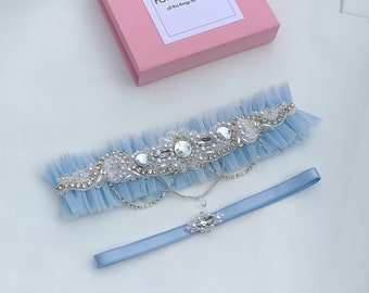 Blue jeweled wedding garter with rhinestones and crystals, Fancy bridal garter for wedding, Boho leg garter for bride, Sparkling garter