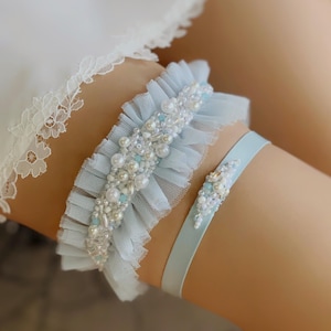 Ensemble de 2 jarretelles de mariée bleues pour mariée avec cristaux, jarretelles larges en tulle et jarretelles fines, jarretelles sexy, jarretelles de mariée élégantes