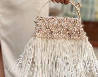 Rose gold jeweled bridal purse with tassels, Fancy wedding clutch, Luxury pearl evening clutch, Sparkling bridal bag, Glam kiss lock handbag