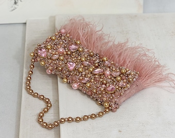 Rose gold wedding clutch with ostrich feathers, Flap over Bridesmaid clutch, Pink rhinestones evening purse, Handmade jeweled bridal bag