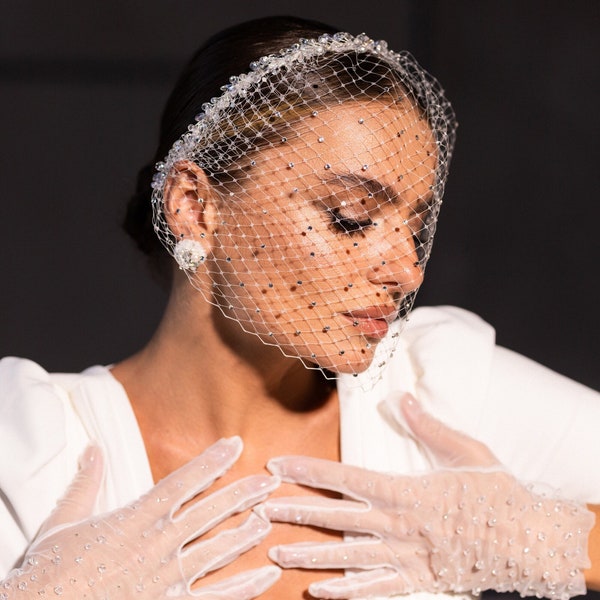 Elegantes ivory Braut Haarband mit Birdcage Schleier, Hochzeit Kopfschmuck für die Braut, Vintage Stil, Braut Kopfschmuck, Kristall Netz Schleier