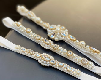 Slim light ivory wedding garter with rhinestones, Sexy pearl garter set for bride, Elegant golden bridal garter, Elegant thigh garter