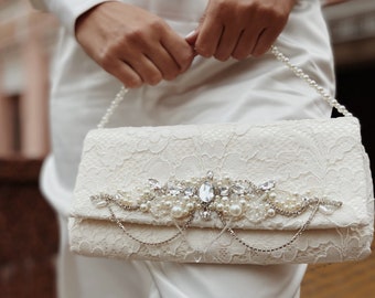 Ivory wedding clutch for bride, Fancy flap over Bridesmaid bag, Jeweled elegant evening purse, Embellished bridal bag with crystals