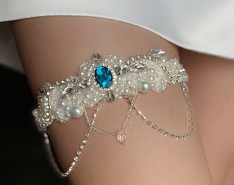 Fancy ivory wedding garter for bride with colorful crystal and danglings, Luxury jeweled bridal garter for wedding, Victorian leg garter