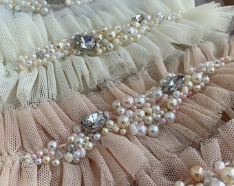 Liga de boda con cristales y perlas, Liga de tul champán para novia, Liga de muslo nupcial boho hecha a mano, Liga de pierna ancha de oro rosa