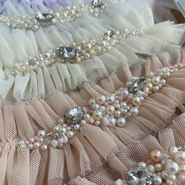 Wedding garter set with crystals and pearls, Champagne tulle garter for bride, Handmade boho bridal thigh garter, Wide rose gold leg garter
