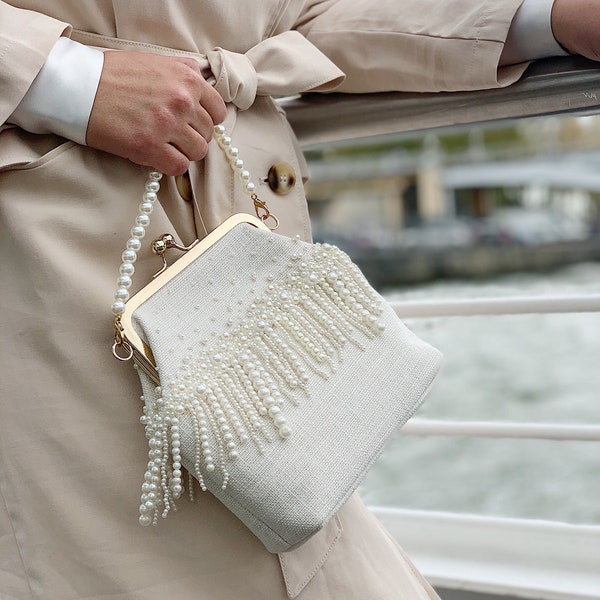 Ivory linen kiss lock purse with pearl fringe, Elegant frame bridal bag, Fancy women handbag with golden accent, Jeweled retro evening bag