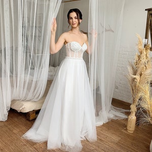 Luxury wedding separates with tulle skirt and detachable pearl sash, Fancy strapless bridal garment, Modern corset alternarive dress