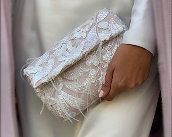 Blush pink wedding clutch with feathers, Fancy jeweled stapless bridal bag, Flap over evening clutch for bride, Pastel lace bridal purse