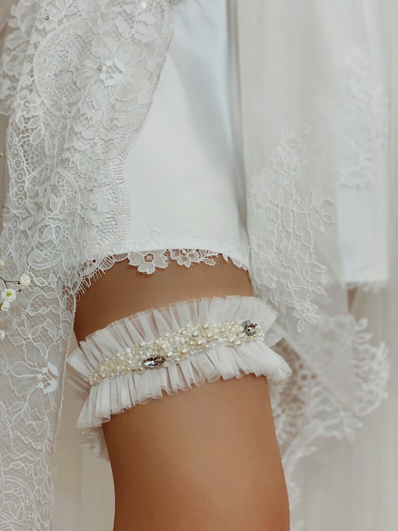 Wedding garter set with crystals and pearls, Champagne tulle garter for bride, Handmade boho bridal thigh garter, Wide rose gold leg garter image 6