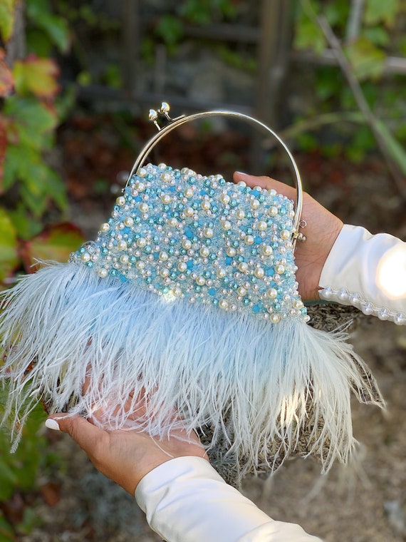 Silver Sparkly Wedding Clutch With Ostrich Feathers and 