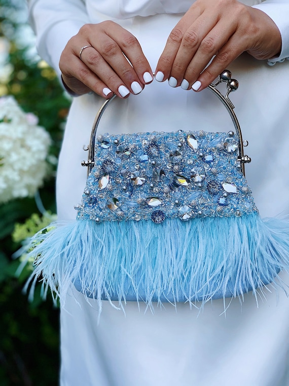 Sky Blue Feather Clutch Fancy Evening Clutch With Ostrich Feathers Jeweled Wedding Clutch Sparkling Rhinestones Bridal Purse Bridal Bag Etsy
