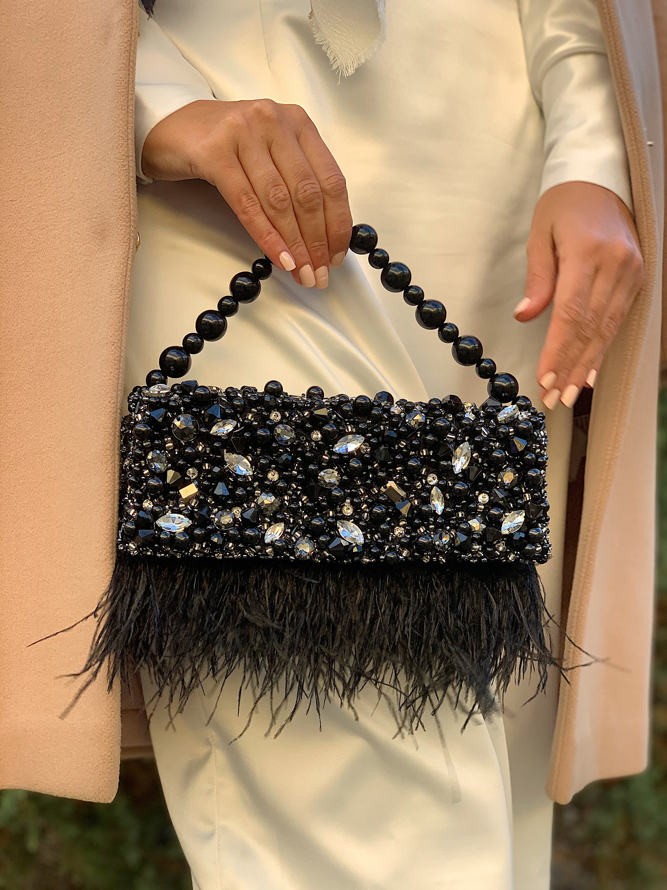 Black Evening Clutch With Ostrich Feathers Fancy Women -  Norway