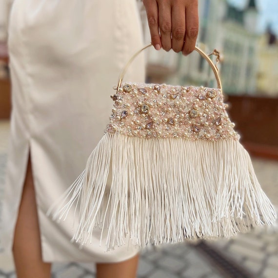Beaded Evening Bag With Chain Strap On White Background Stock