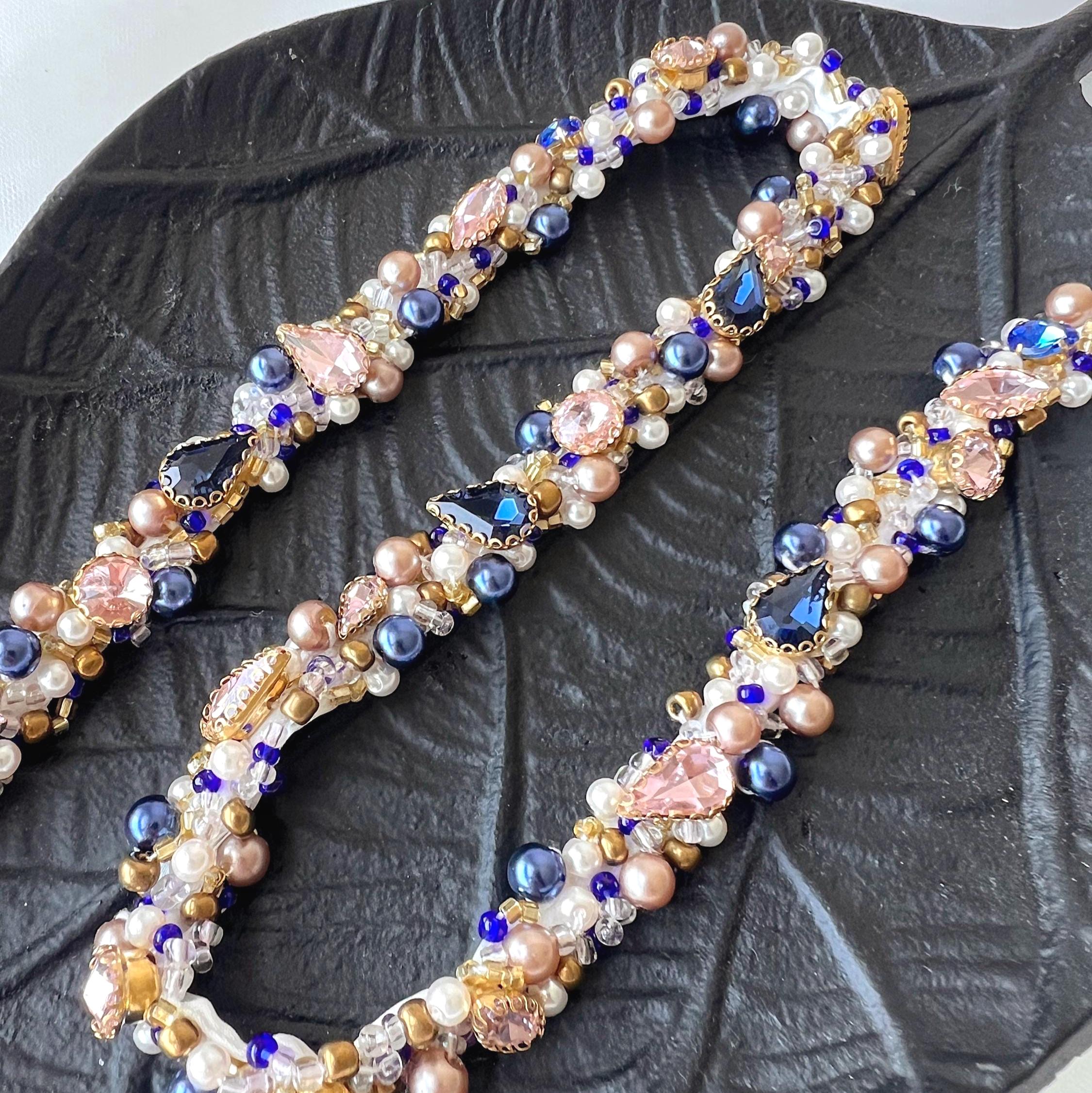 Navy Leather Belt With Pearls - Etsy