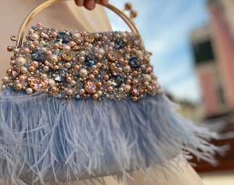Dusty blue wedding clutch with ostrich feathers, Bridesmaid evening clutch, Sparkling bridal purse, Handmade vintage jeweled handbag