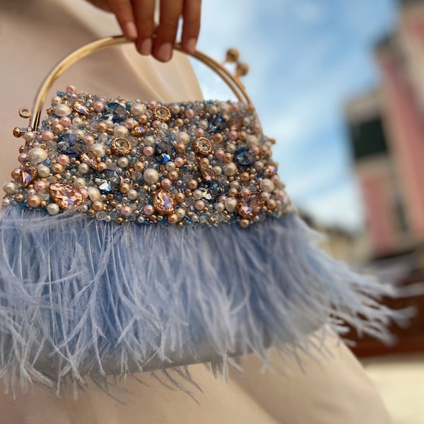 Dusty blue wedding clutch with ostrich feathers, Bridesmaid evening clutch, Sparkling bridal purse, Handmade vintage jeweled handbag