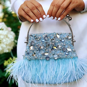 Fancy bright blue feather clutch with ostrich feathers, Small evening clutch, Jeweled wedding guest bag, Sparkling rhinestone bridal purse