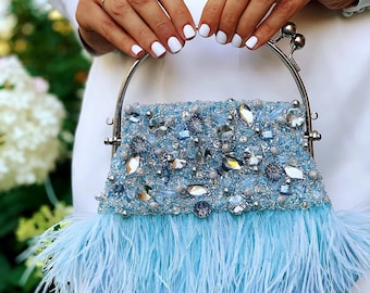 Fancy bright blue feather clutch with ostrich feathers, Small evening clutch, Jeweled wedding guest bag, Sparkling rhinestone bridal purse