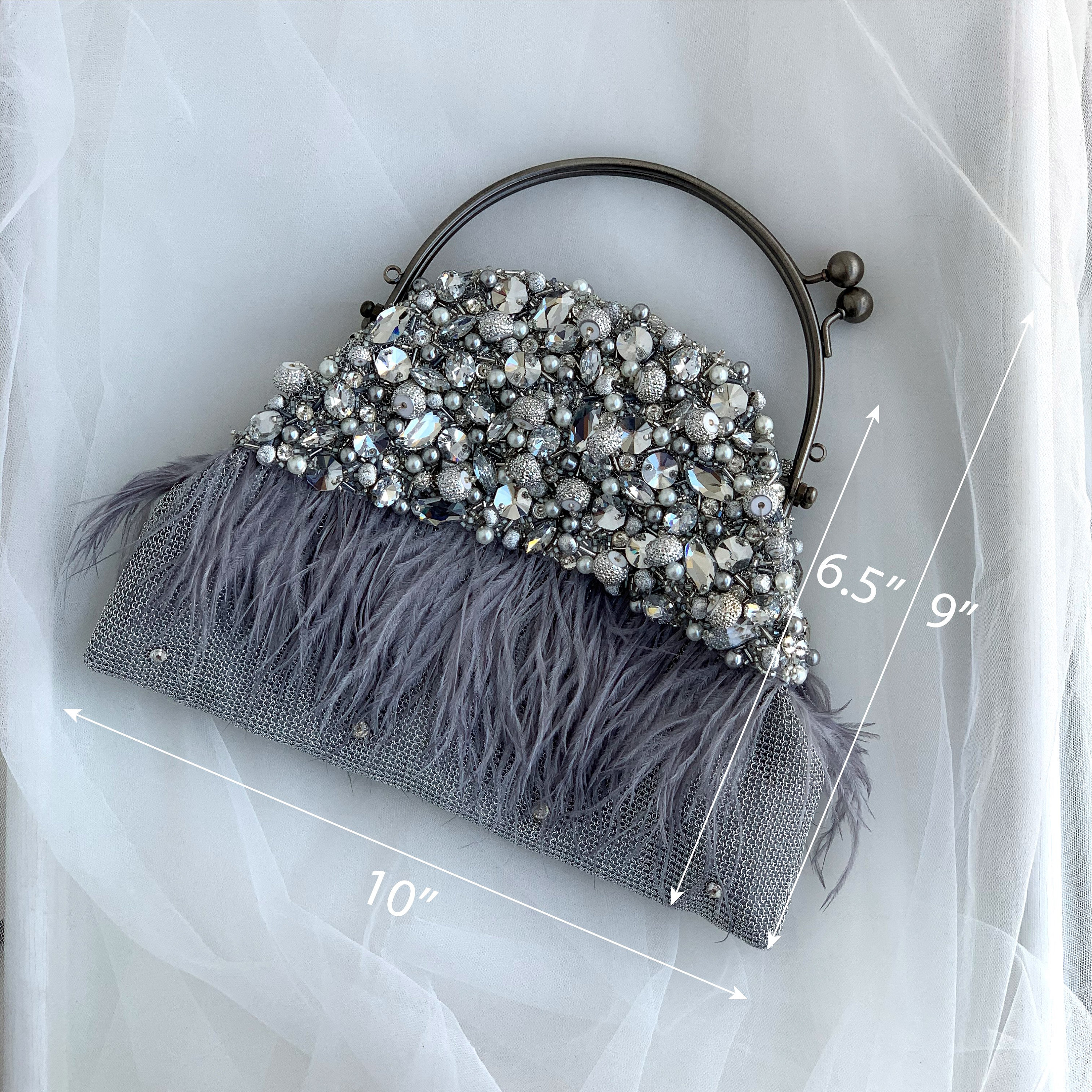 Silver Sparkly Wedding Clutch With Ostrich Feathers and 
