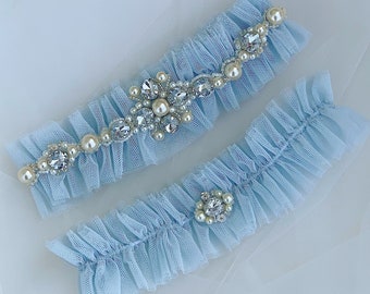 Blue tulle wedding garter set, Elegant wide garter for bride, Sparkling rhinestones garter, Something blue thigh garter, Jeweled leg garter
