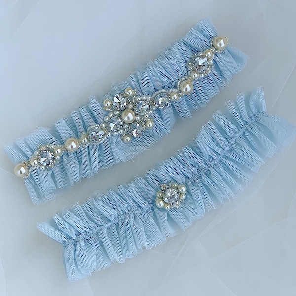 Blue tulle wedding garter set, Elegant wide garter for bride, Sparkling rhinestones garter, Something blue thigh garter, Jeweled leg garter