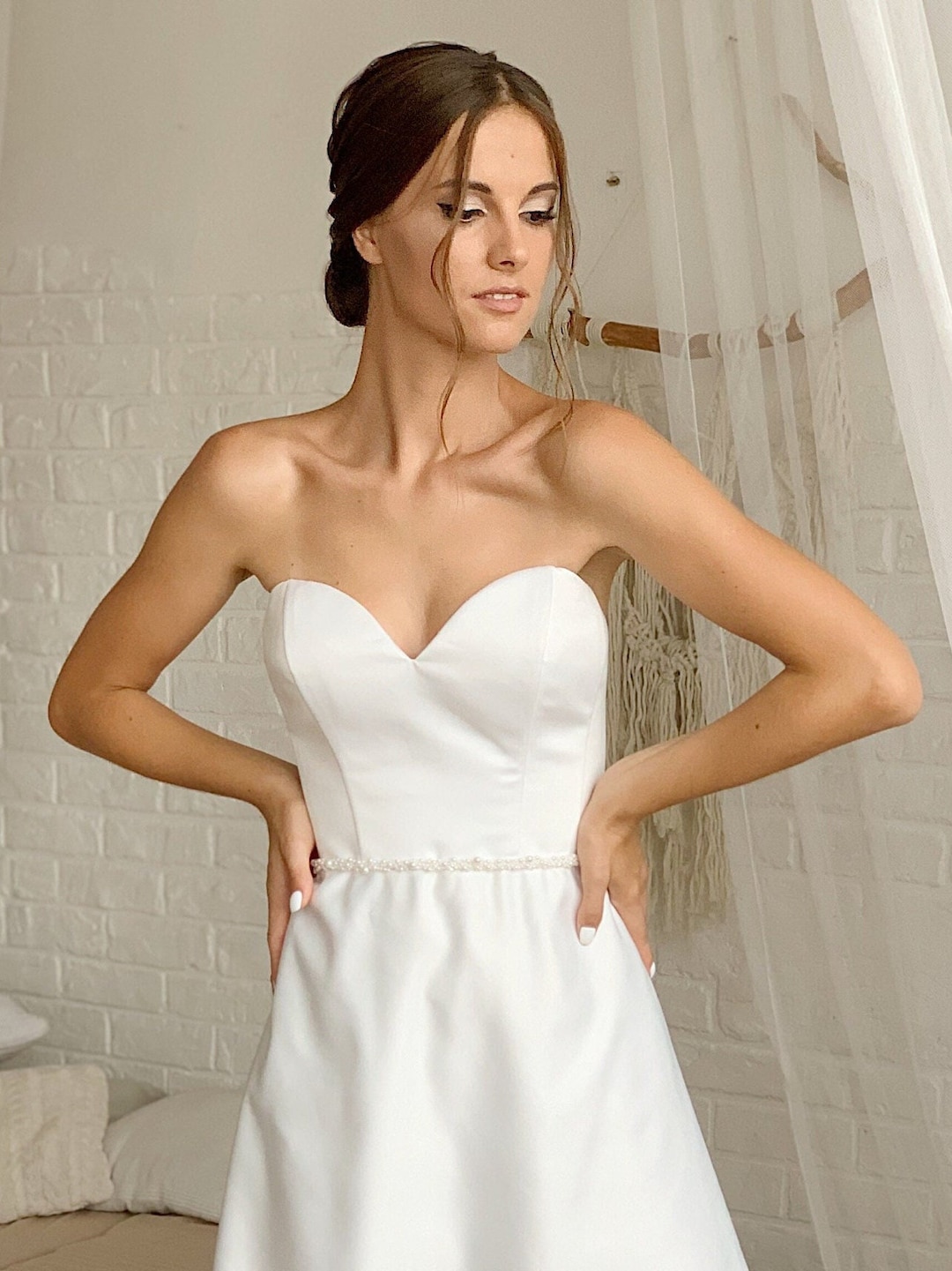 Fajín de boda de satén fino, cinturón de novia fino con perlas