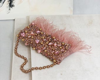 Rose gold wedding clutch with ostrich feathers, Flap over Bridesmaid clutch, Pink rhinestones evening purse, Handmade jeweled bridal bag