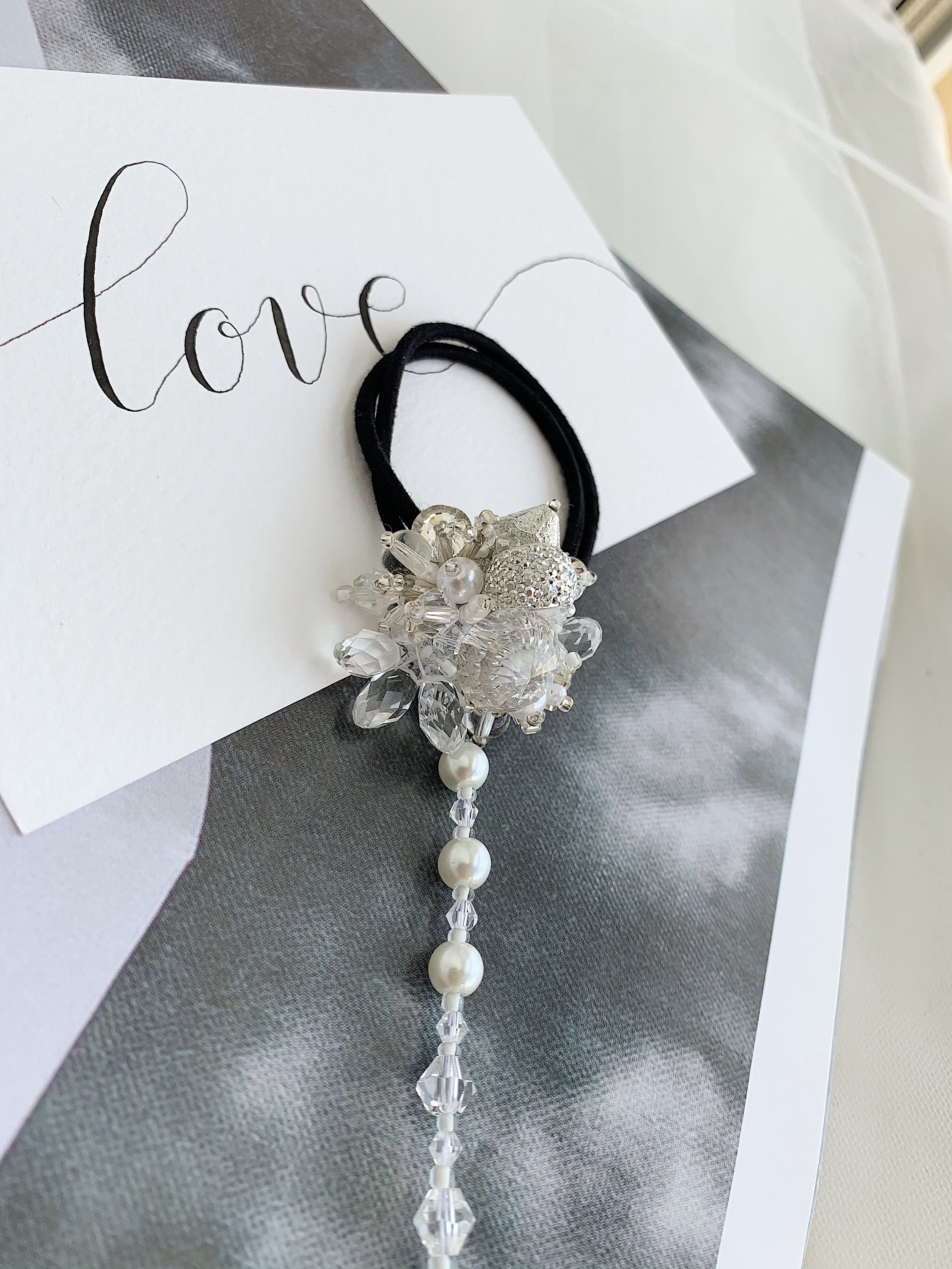 Rhinestones or Clear Crystals Bride Hair Tie, Fancy Boho 