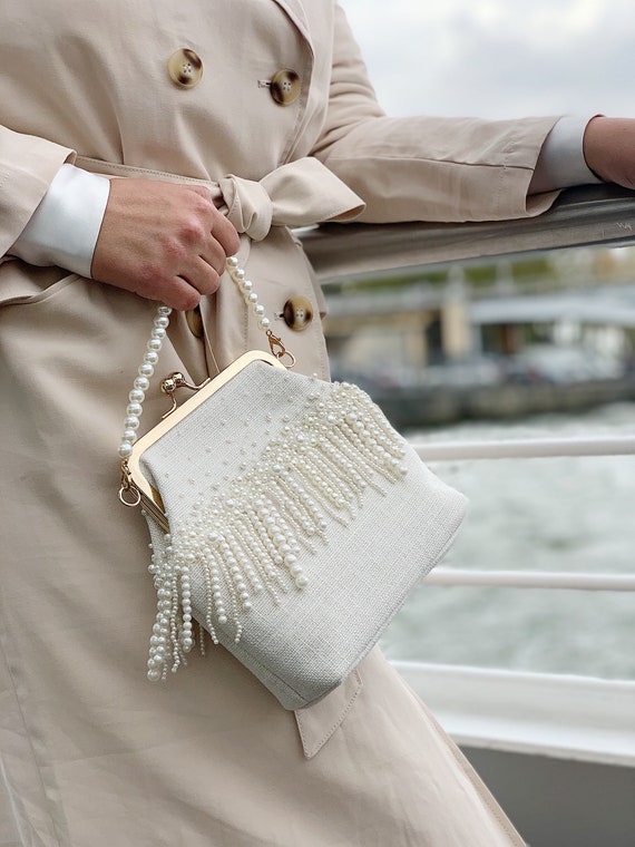 Ivory Linen Kiss Lock Purse With Pearl Fringe Elegant Frame 