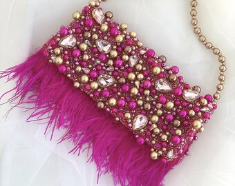 Bright magenta evening clutch with ostrich feathers, Flap over bridesmaid bag, Rhinestones fuchsia party purse, Fancy shiny jeweled bag