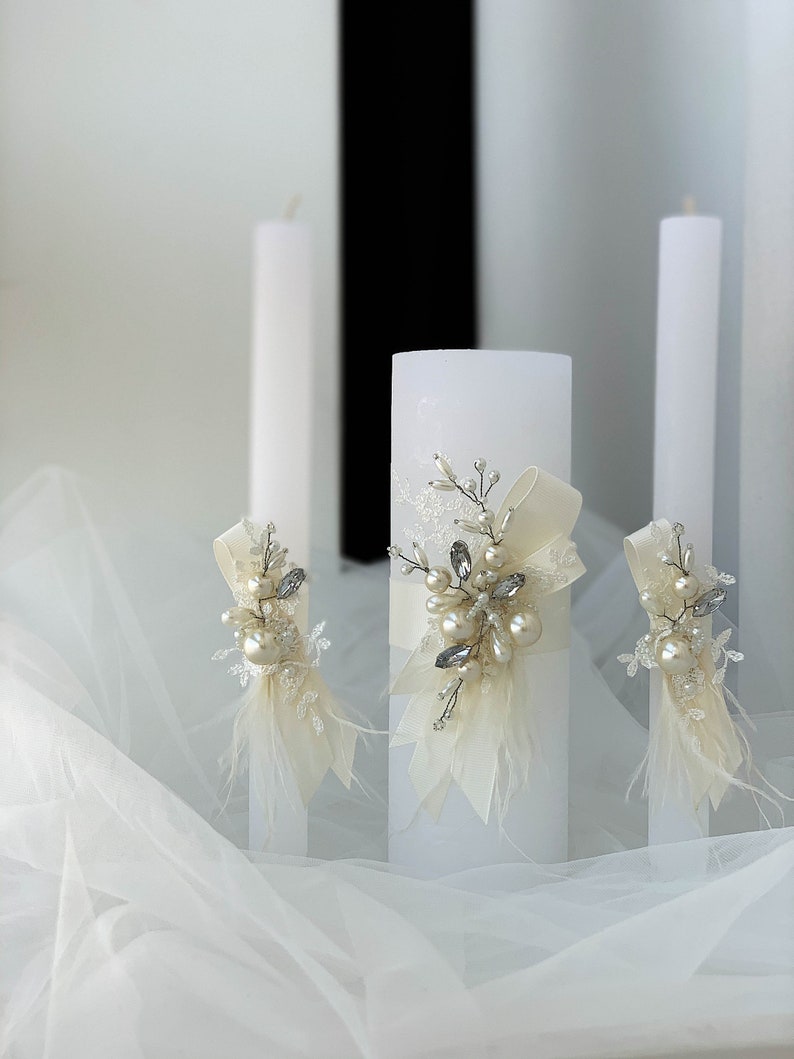 Fancy Unity candles set with jeweled decor and ostrich feathers, Large white pillar candle and taper candles, Bling wedding candles set image 2