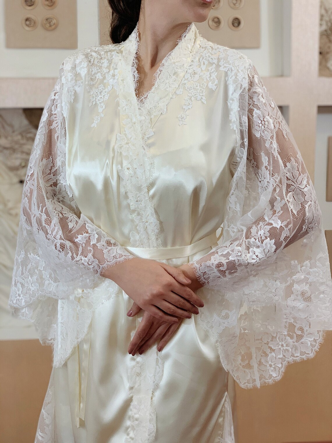 Ivory satin bridal robe with lace sleeves Luxury CUSTOM SIZE Etsy