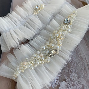 Wedding garter set with crystals and pearls, Champagne tulle garter for bride, Handmade boho bridal thigh garter, Wide rose gold leg garter image 4