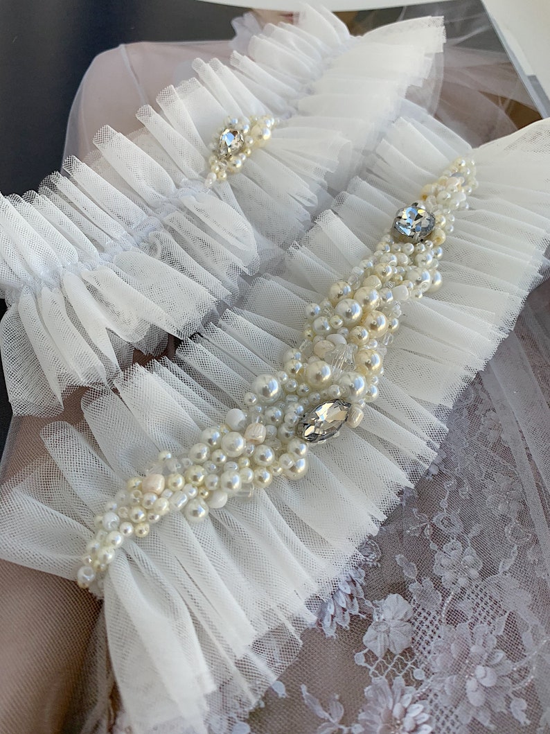Wedding garter set with crystals and pearls, Champagne tulle garter for bride, Handmade boho bridal thigh garter, Wide rose gold leg garter image 4