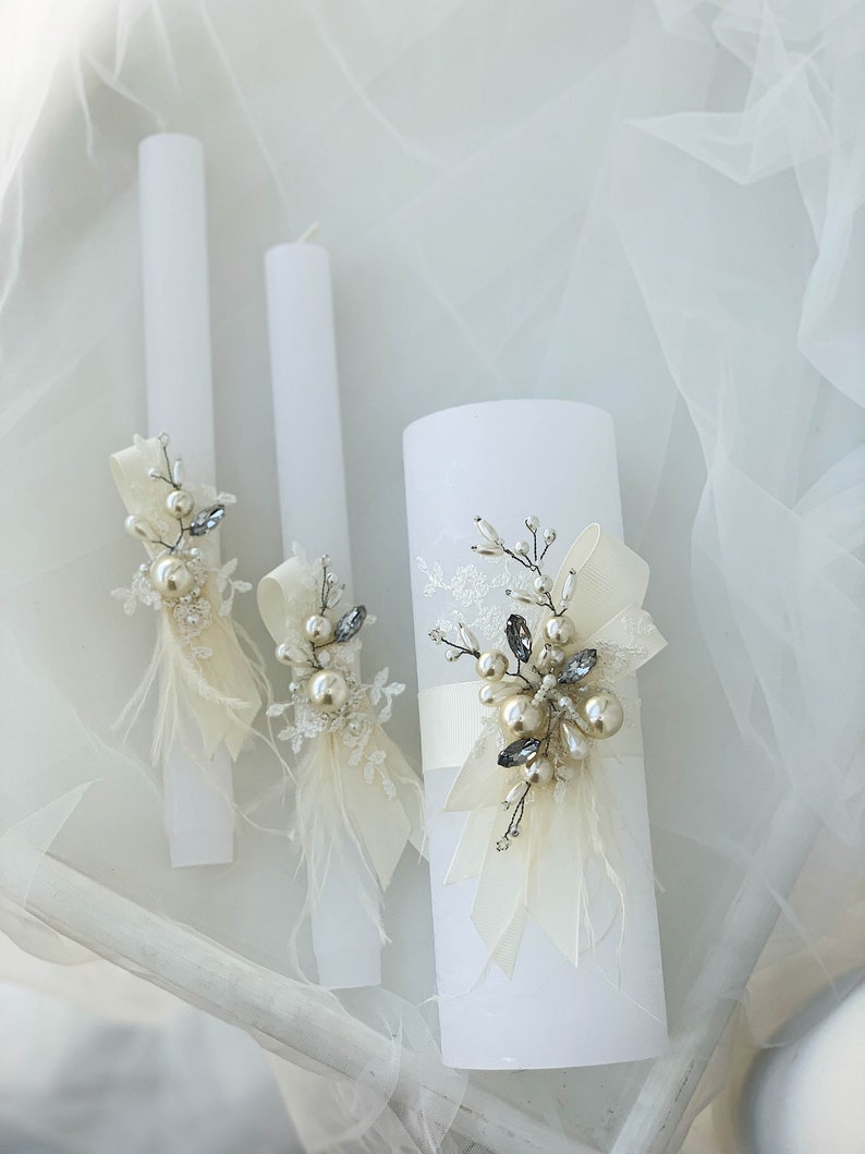 Fancy Unity candles set with jeweled decor and ostrich feathers, Large white pillar candle and taper candles, Bling wedding candles set image 3
