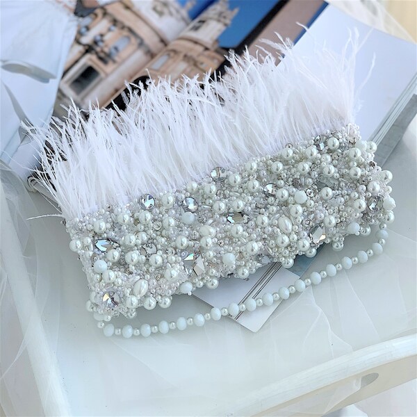 White wedding clutch with ostrich feathers for bride, Fancy flap over bridal purse, Elegant pearl evening clutch, Handmade dressy bridal bag