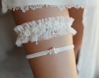 Exquisite light ivory tulle garter for bride, Jeweled lace and pearl garter, Fantasy wedding garter, Fancy bridal garter, Leg garter set