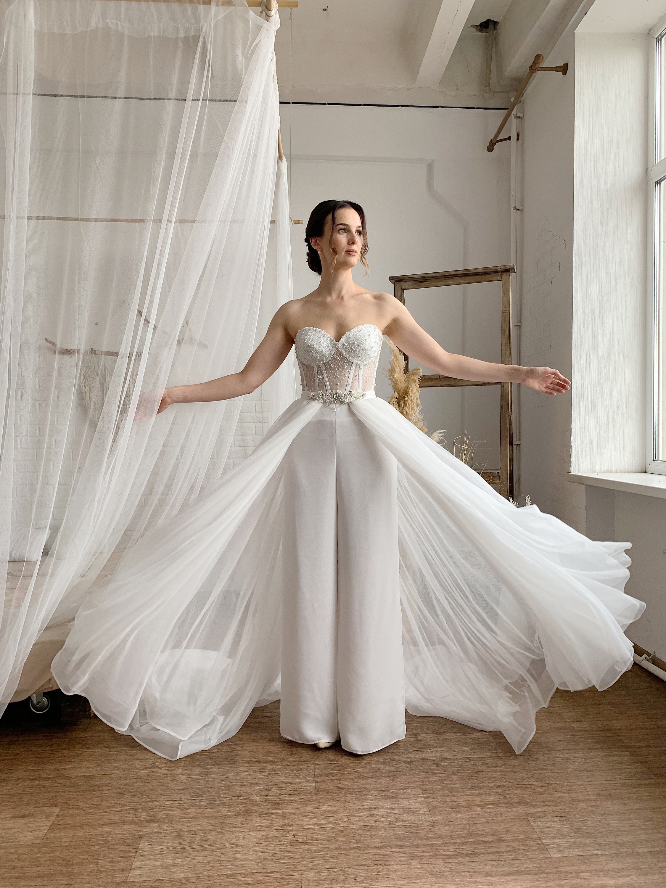 Unique Wedding Jumpsuit With Pants and Detachable Chiffon