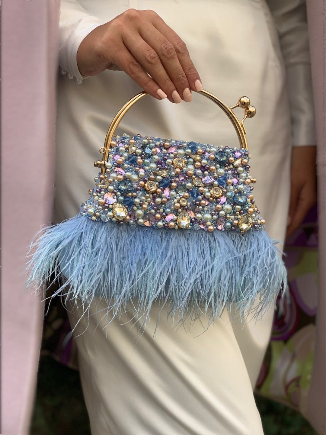 Blue Wedding Clutch With Ostrich Feathers, Fancy Evening Bag, Vintage ...