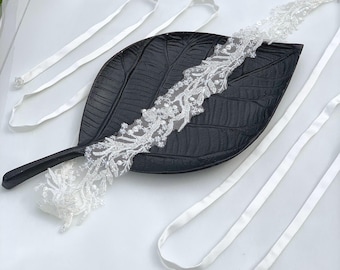 Thin illusion lace bridal belt, Slim sequins wedding dress belt for bride, Modern wedding sash, Embroidered sheer wedding belt for dress