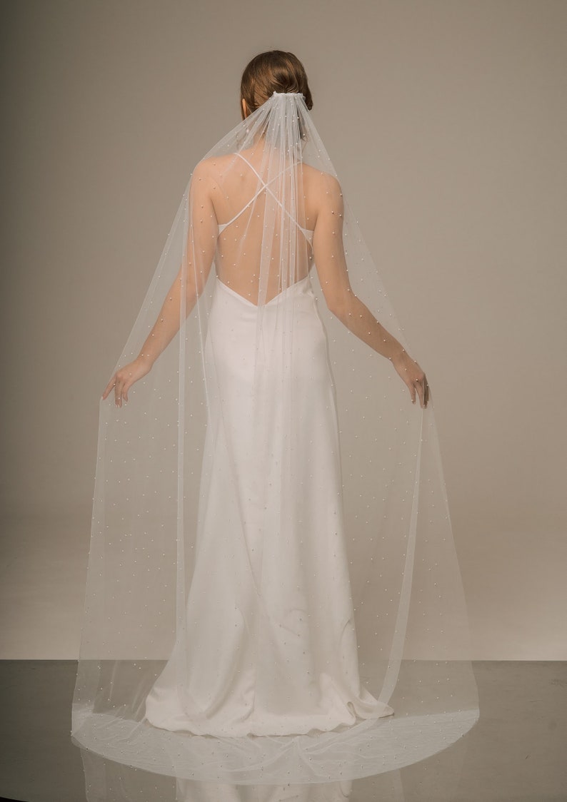 Elegant tulle wedding veil with pearls, Cathedral wedding veil, Long pearl veil with comb, Chapel fingertip bridal veil, Bridal headpiece image 4