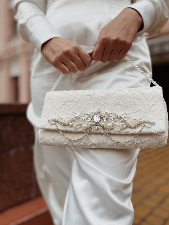 Ivory Wedding Clutch for Bride Fancy Flap Over Bridesmaid 