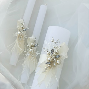 Fancy Unity candles set with jeweled decor and ostrich feathers, Large white pillar candle and taper candles, Bling wedding candles set image 5
